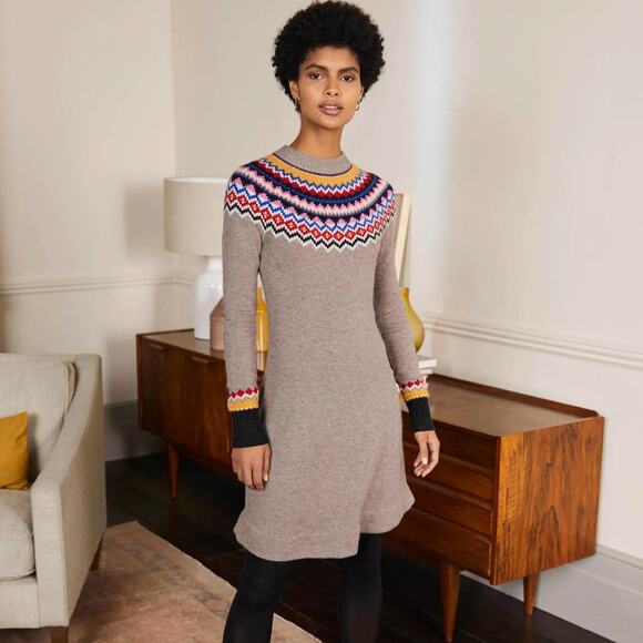 BODEN Millie Fair Isle Knitted Sweater Dress Mink Melange Tan Taupe {KK17} - Picture 1 of 8